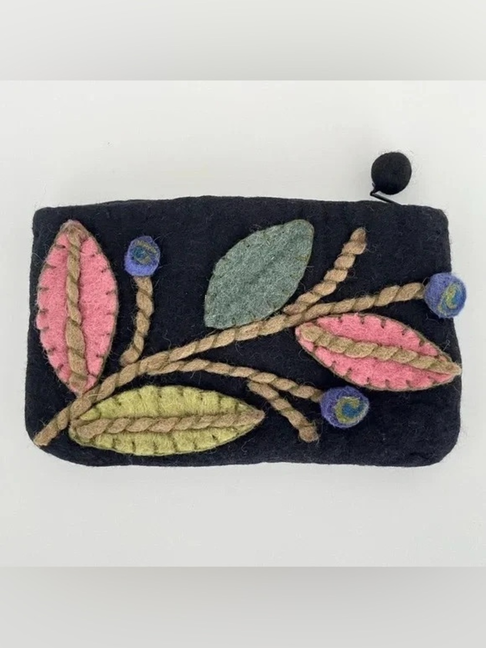 Handmade in Nepal Embroidered Clutch Pouch Black 100% Wool Leaves Floral Boho